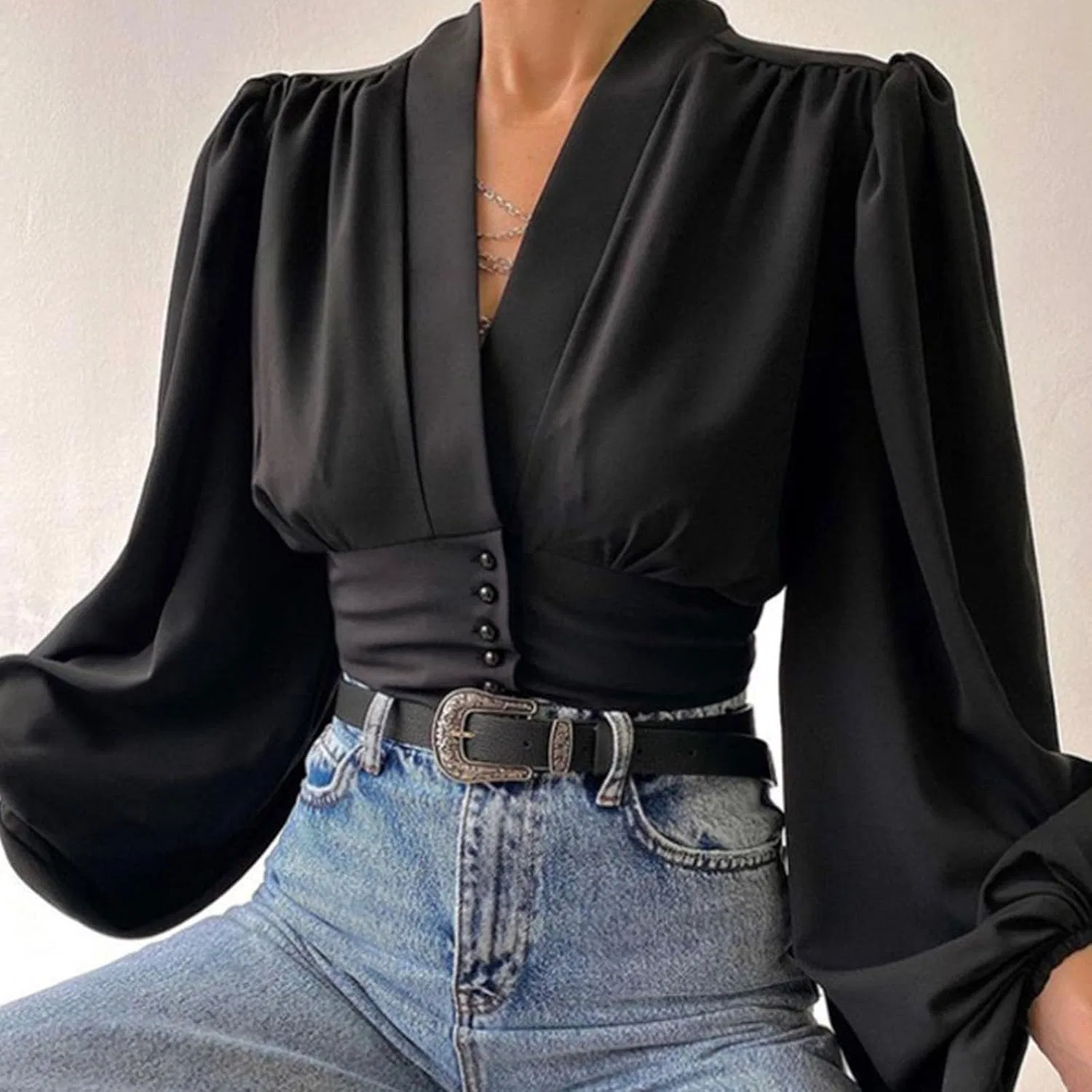 Блуза с V-образным вырезом и пуговицами Summer Casual Blouse, черный — фото 2