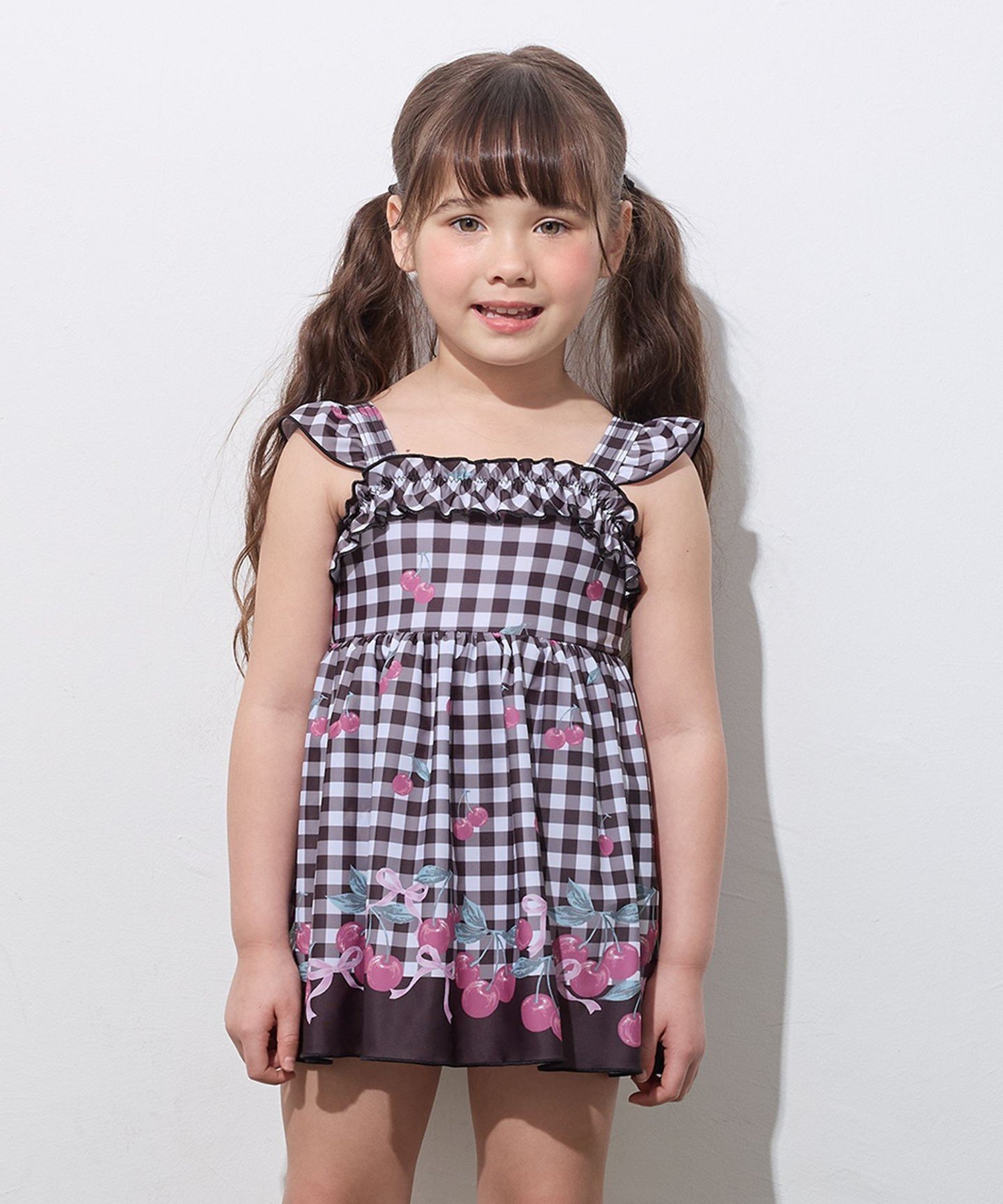 Слитный купальник в клетку с фруктовым принтом ANY KIDS, Black x Cherry [305]