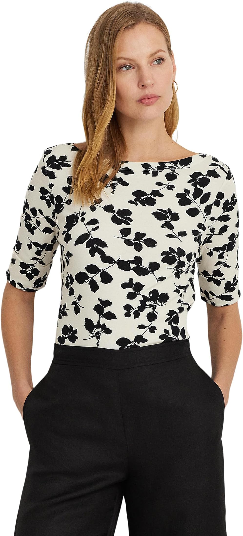 

Футболка Lauren Ralph Lauren Leaf-Print Stretch Cotton Boatneck Tee, цвет Cream/Black