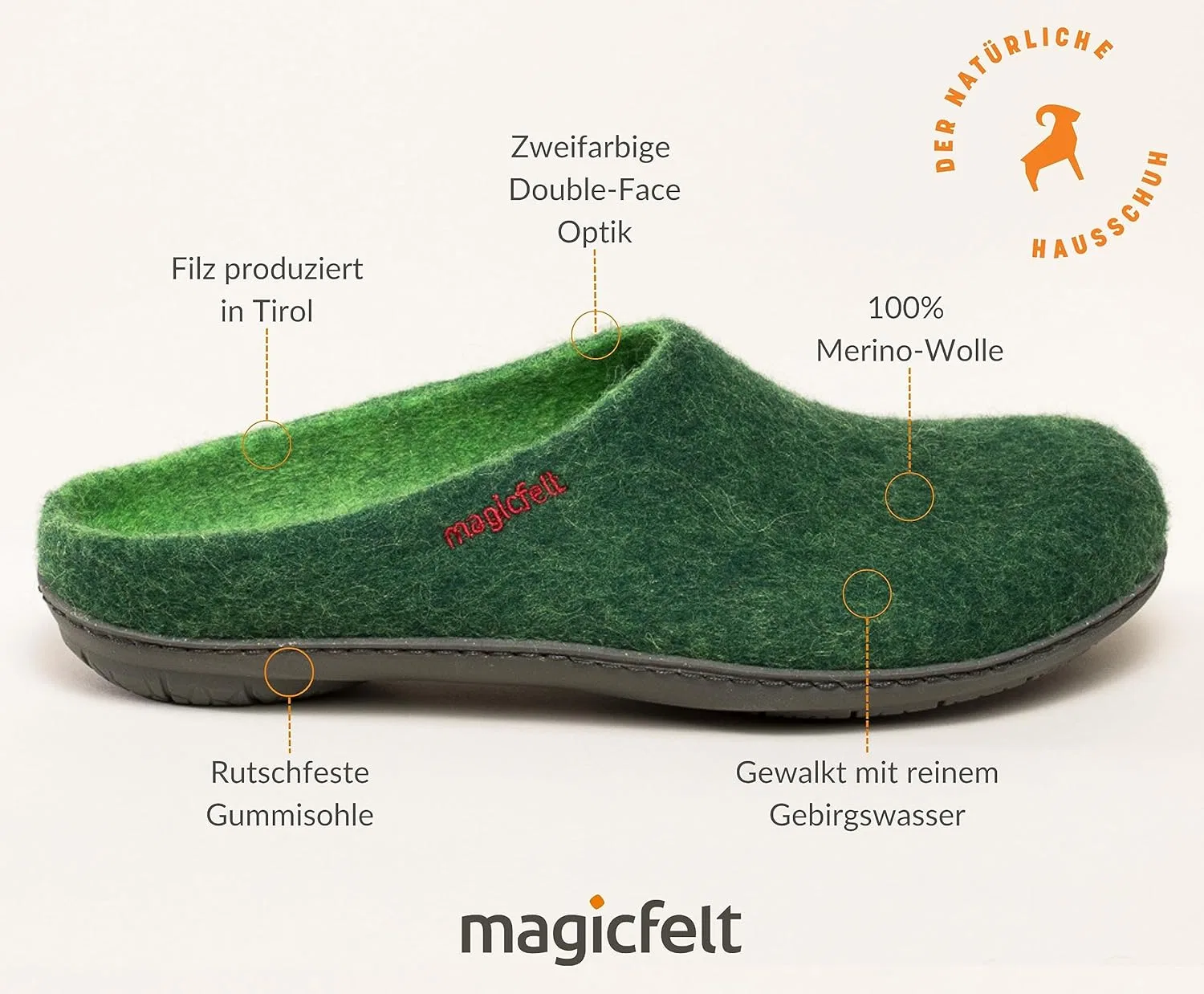 Фетровые тапочки Magicfelt PO 736 для мужчин и женщин, изготовленные из чистой мериносовой шерсти - тапочки с нескользящей водонепроницаемой резиновой подошвой, Dunkelgrün — фото 3