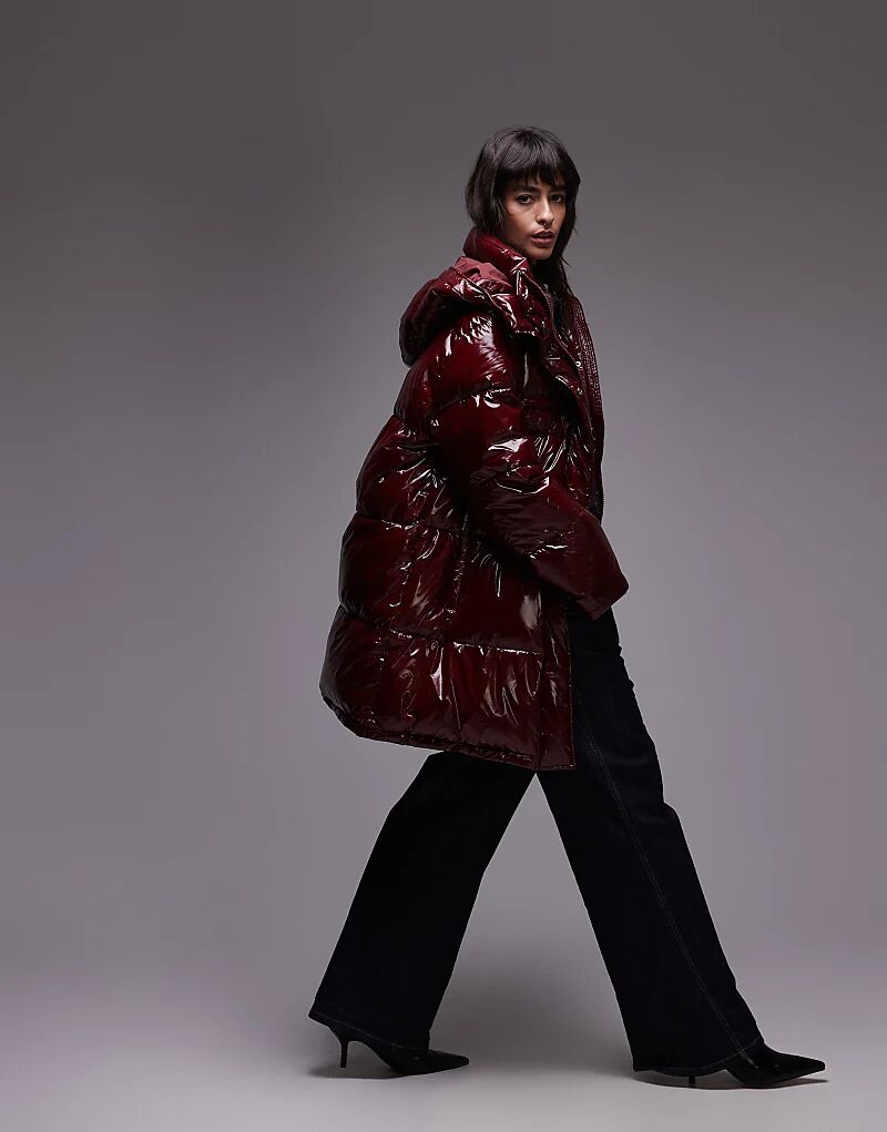 

Пуховик средней длины с капюшоном бордового цвета Topshop