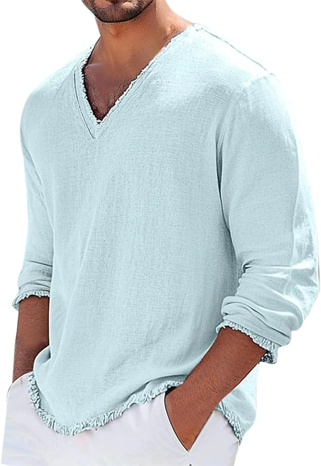 

Льняная футболка для мужчин с длинным рукавом и V-образным вырезом