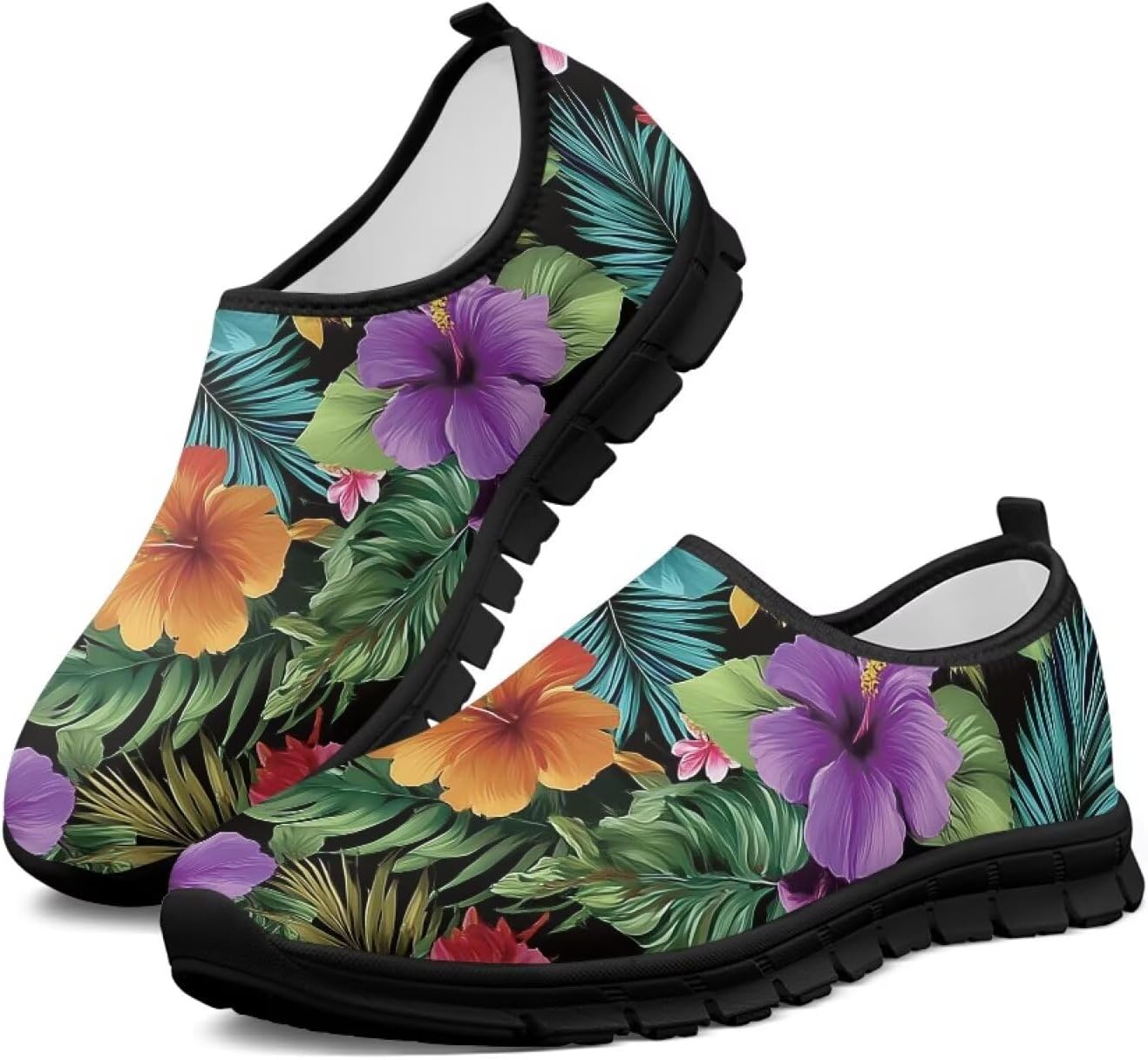 

Удобные слипоны для женщин, противоскользящие для ходьбы и бега, кроссовки с широкой носочной частью, размер США 5,5-13,5 Chririnla, Tropical Hibiscus Flower