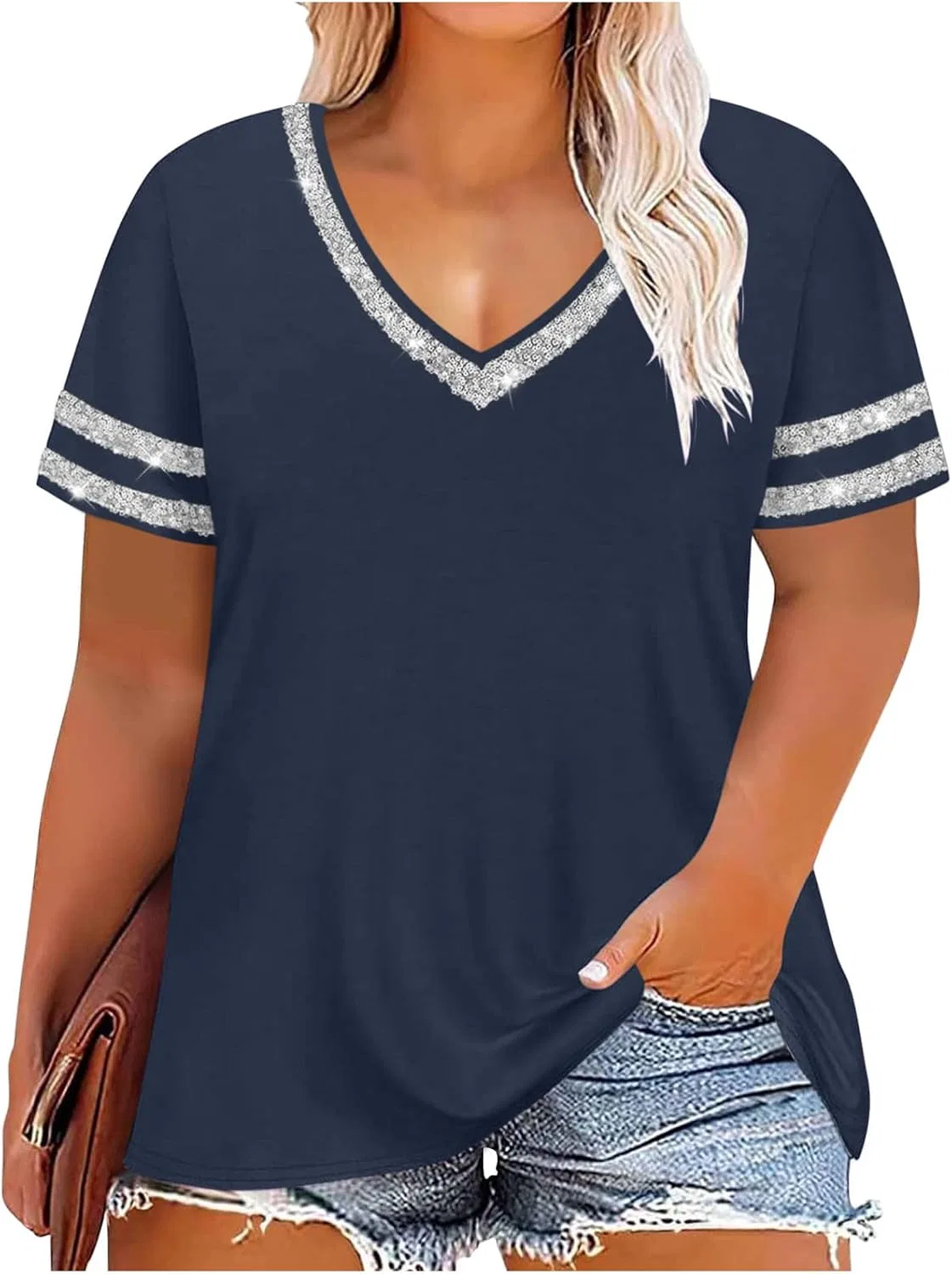 Футболка с V-вырезом и цветовым блоком, Plus Size, Navy