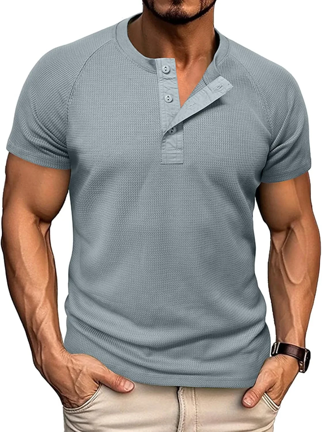 

WENKOMG1 Футболка для мужчин с коротким рукавом, вафельная ткань, Henley, Casual
