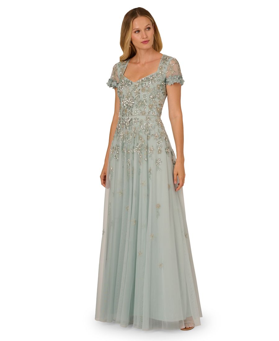 

Женское бальное платье с короткими рукавами, украшенное вышивкой Adrianna Papell, Aqua Dust