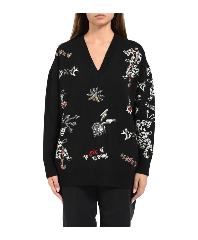 

Вязаный свитер с V-образным вырезом и вышивкой пайетками. Akep, черный