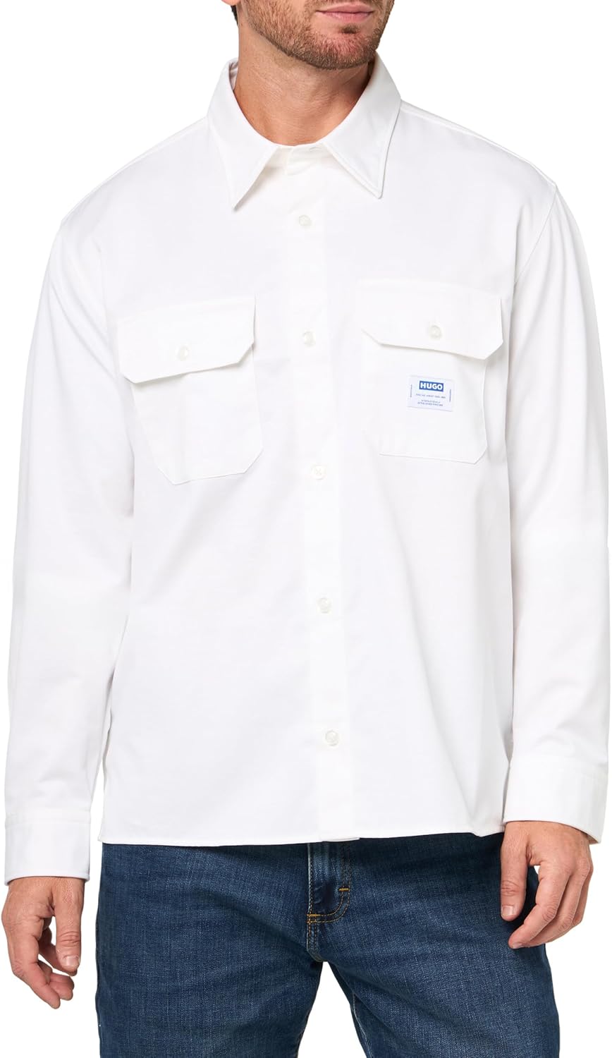 

Хлопковая твидовая рубашка-оверсайз HUGO с нашивкой, Soft Cream White