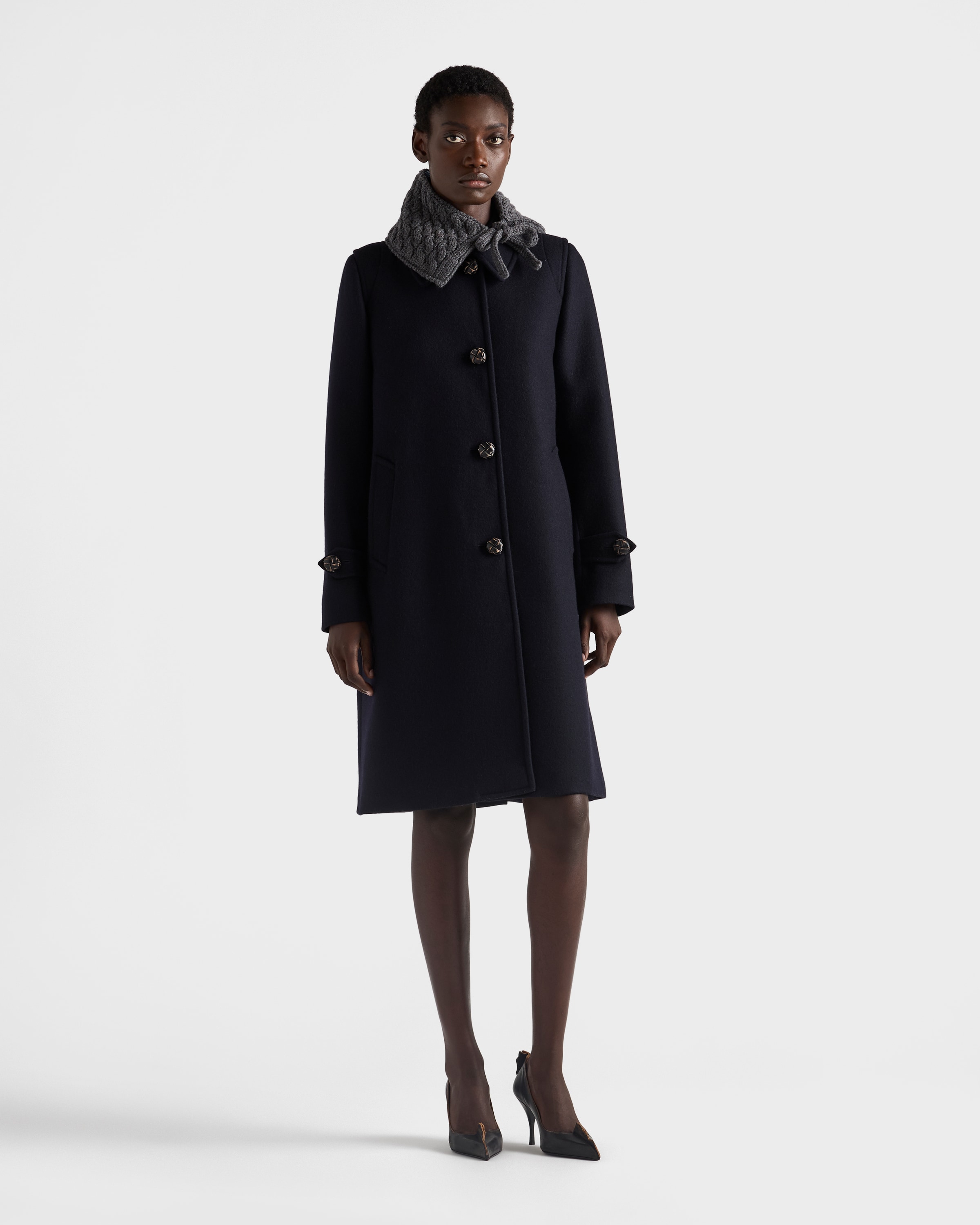 Однобортное двуслойное пальто из лодена Prada, темно-синий — фото 2