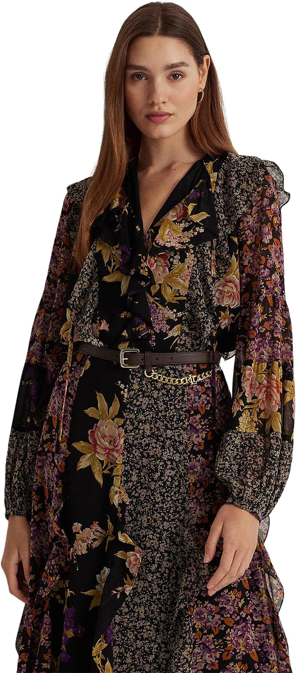 

Блуза Lauren Ralph Lauren Floral Ruffle-Trim Georgette Blouse, цвет Black/Tan/Multi