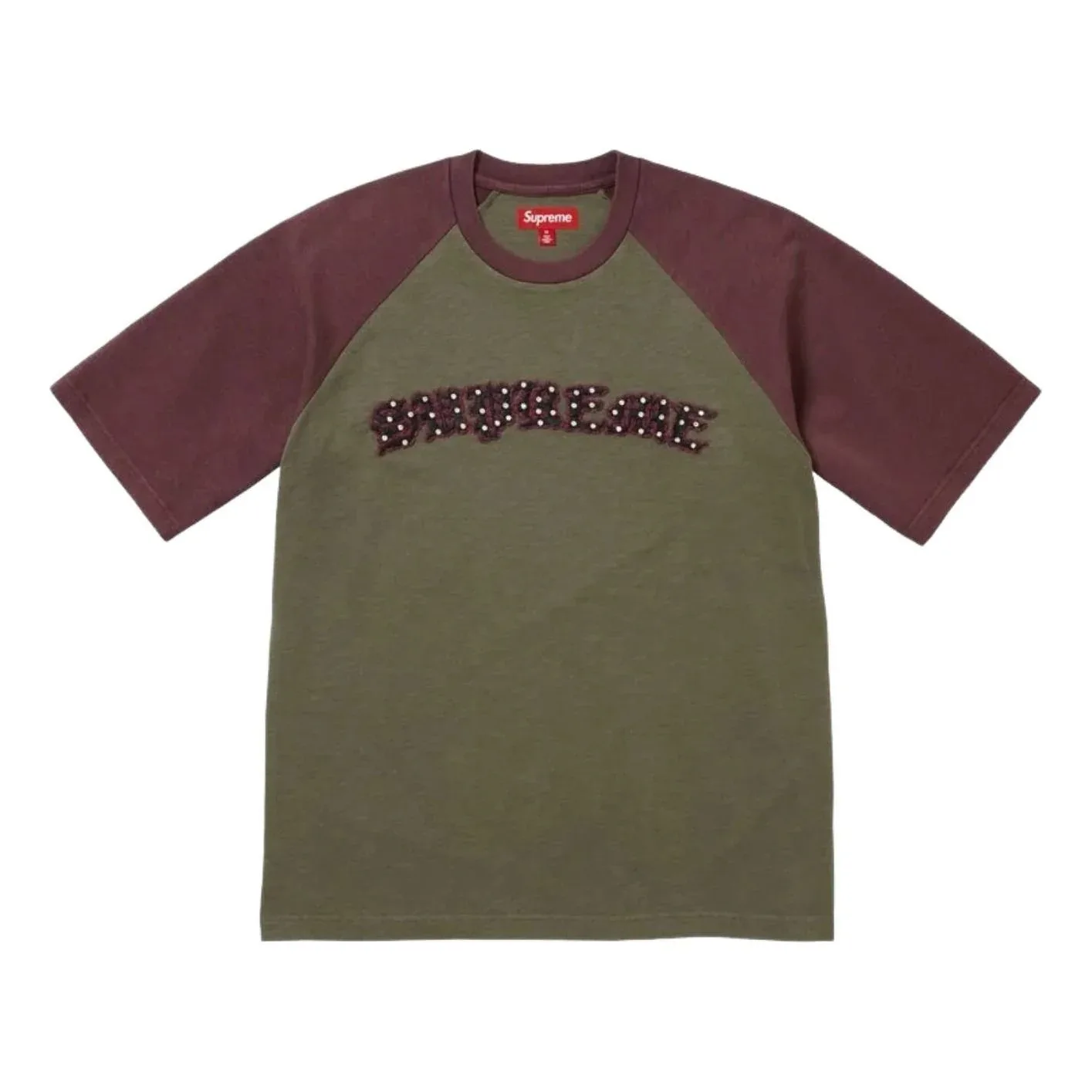 Футболка Supreme SS26 с рукавами реглан и стразами, цвет «оливковый»