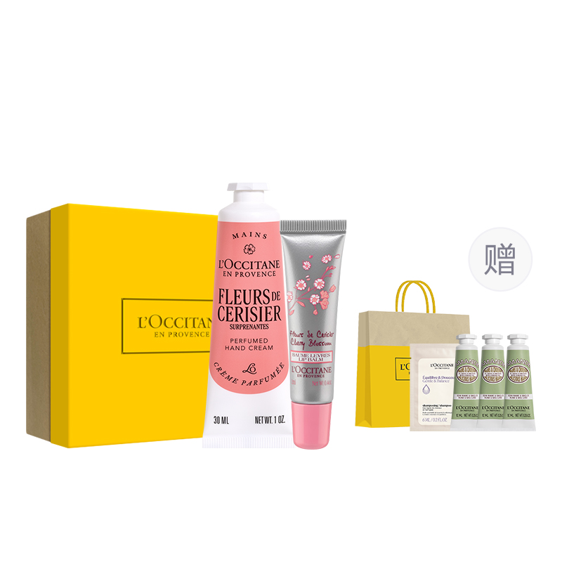Набор косметики L'Occitane: крем для рук «Цветы вишни» + бальзам для губ «Цветущая вишня»