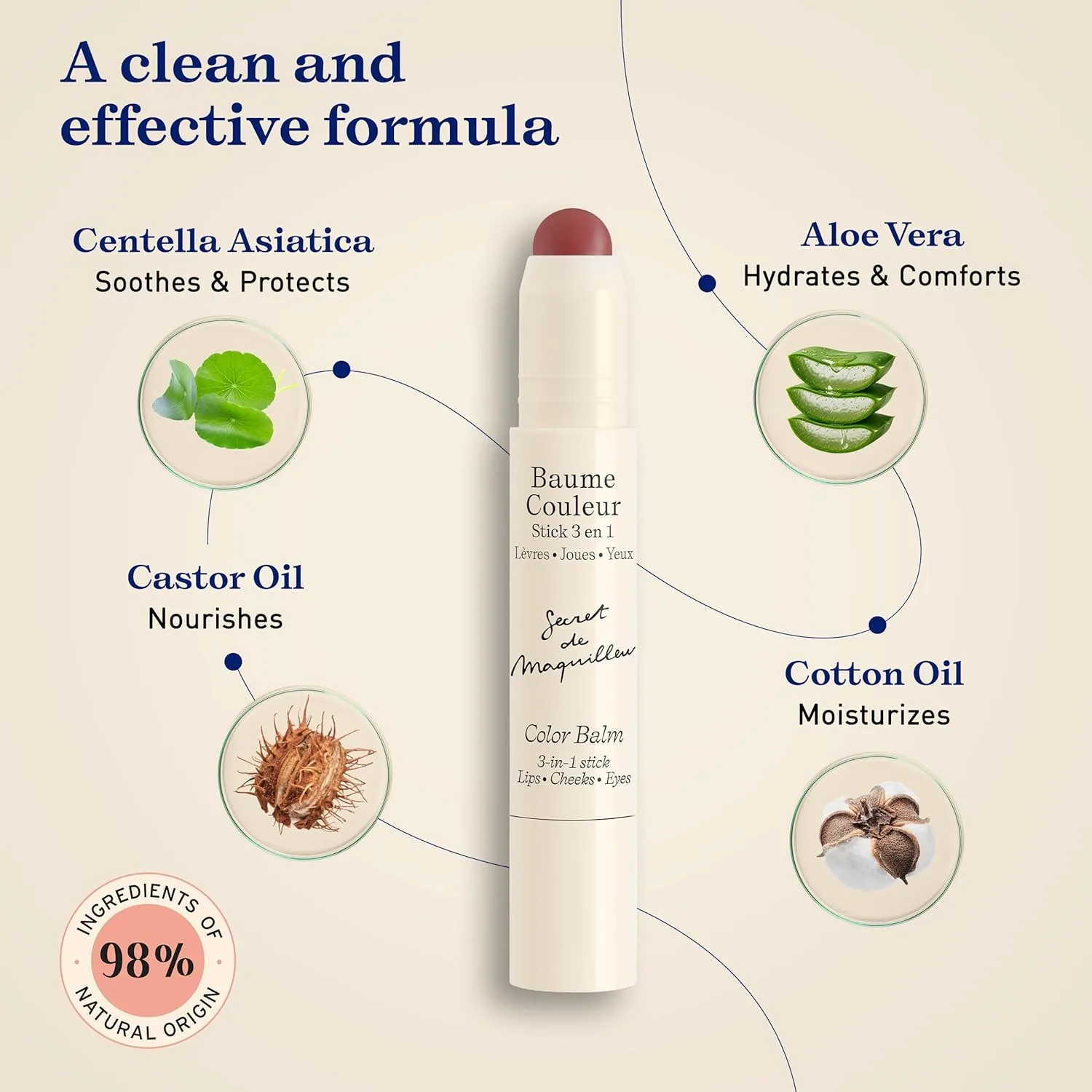 Стик-тинт Embryolisse Color Balm 3-в-1, цвет мокко, многофункциональный для глаз, губ и щек, увлажняющий бальзам с центеллой азиатской и алоэ вера, веганский, без отдушек, 0,08 унции, Versatile stick balm adds a soft wash of mocha tint to lips — фото 4