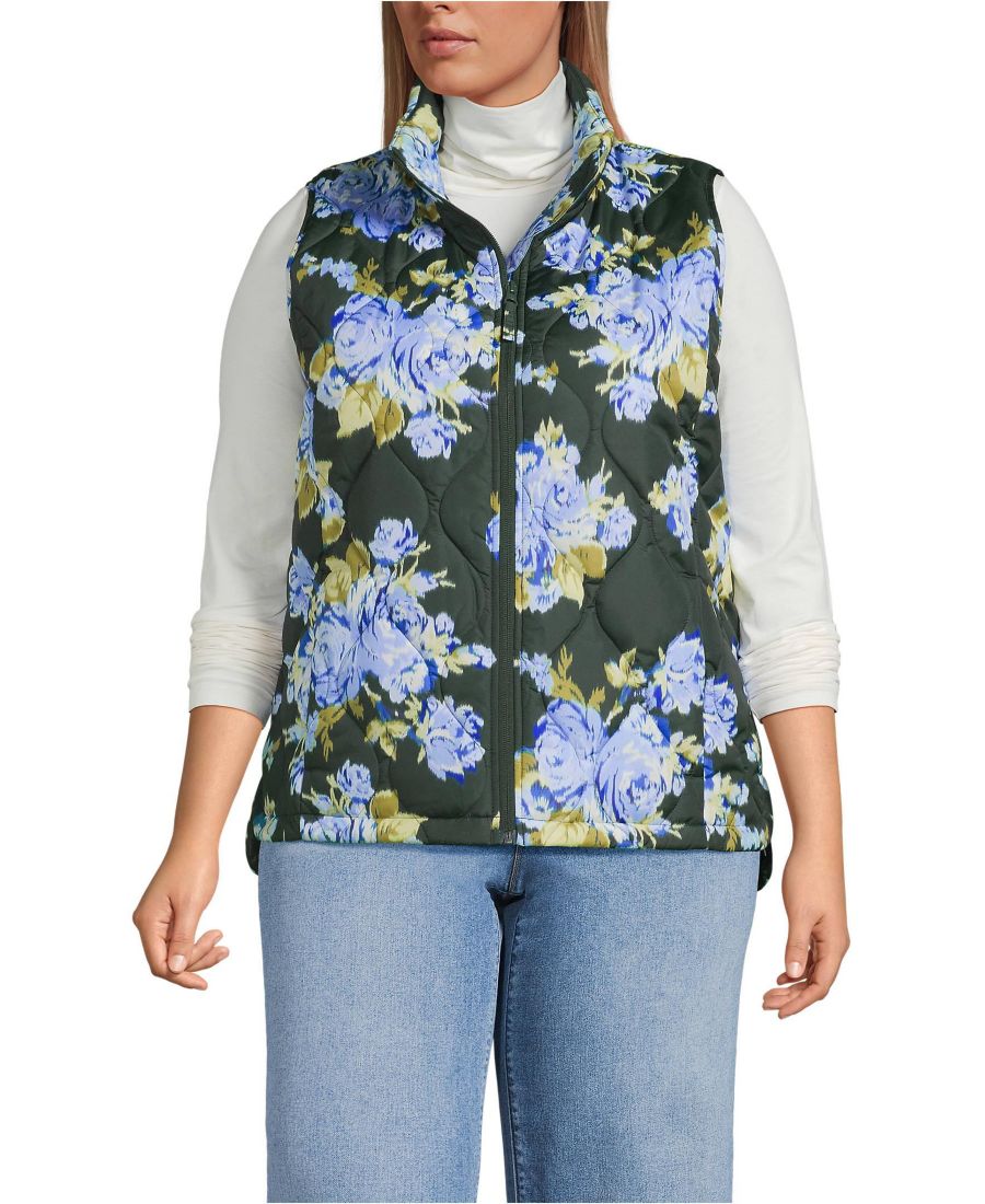 

Утепленный стеганый жилет больших размеров с принтом и перьями Lands' End, Evening forest rose