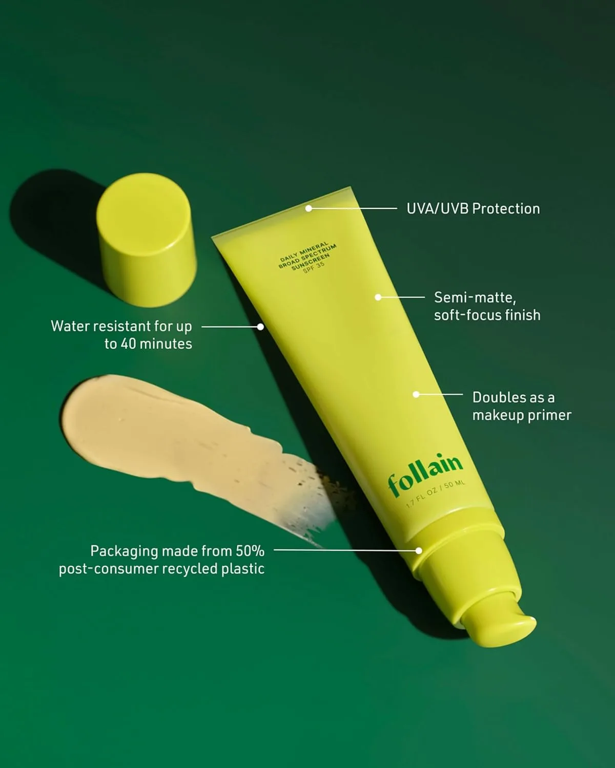 Ежедневный минеральный солнцезащитный крем SPF 35 с оксидом цинка, увлажняющий и легкий, водостойкий 40 минут, для чувствительной кожи Follain — фото 2