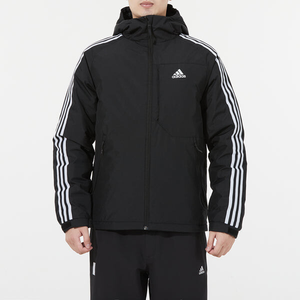 Пуховик adidas 3st Down Jkt Logo Printing Side Stripe Sports Stay Warm hooded down Jacket Black, черный — фото 3