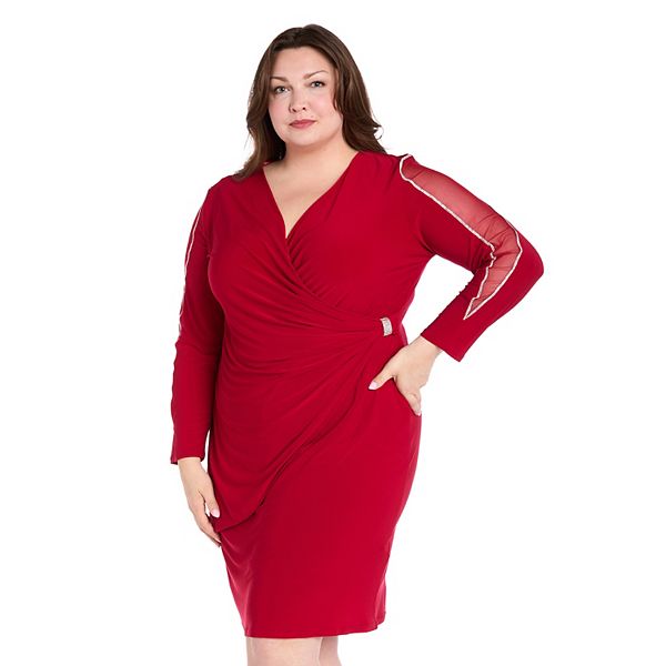 

Платье миди с длинными рукавами и прозрачными деталями Plus size R&M Richards, Red