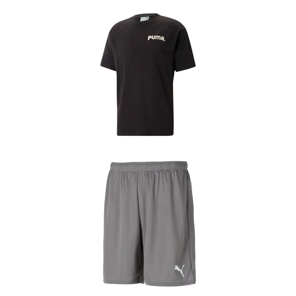 

Повседневный спортивный мужской комплект: черный топ + серые шорты Puma, черный