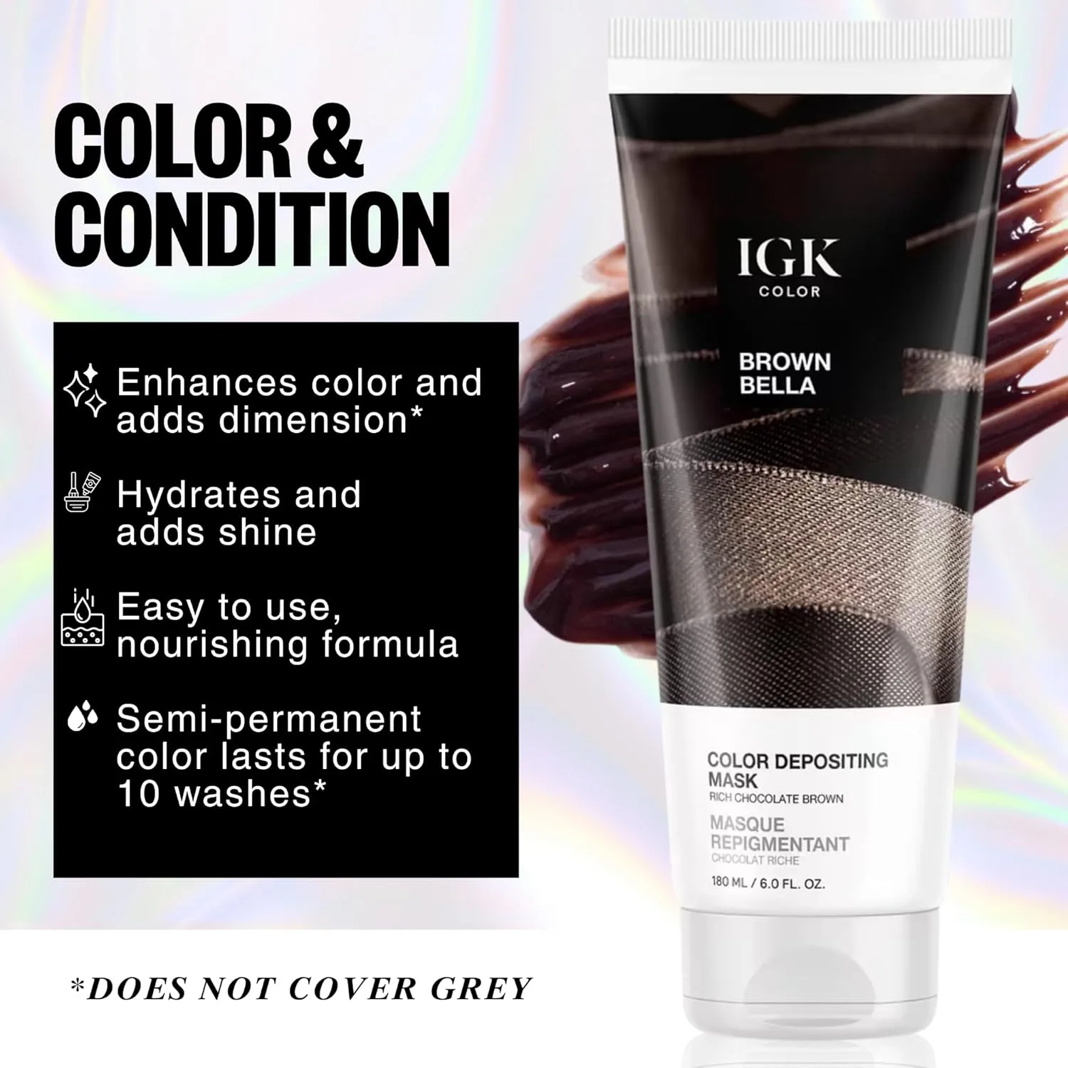 IGK Brown Bella маска для волос с пигментом, шоколадно-коричневый полуперманентный тонирующий кондиционер и глянцевый тонер, увлажняющая формула для блеска и обновления цвета, веганская, без жестокости, 170 г, Brown Bella (Rich Chocolate Brown) — фото 2