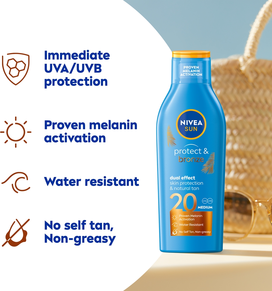 Солнцезащитное и бронзирующее молочко для интенсивного загара SPF 20+ Nivea, 200 мл — фото 2