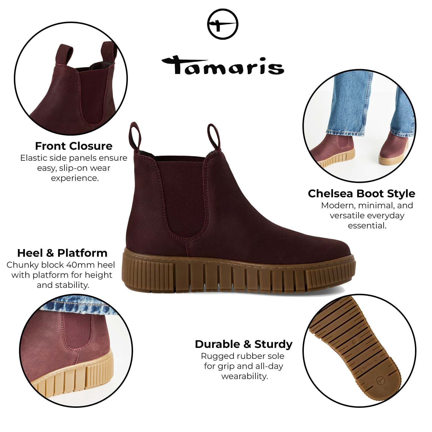 Женские бордовые кожаные челси-ботинки Tamaris Bordeaux TMRS — фото 2