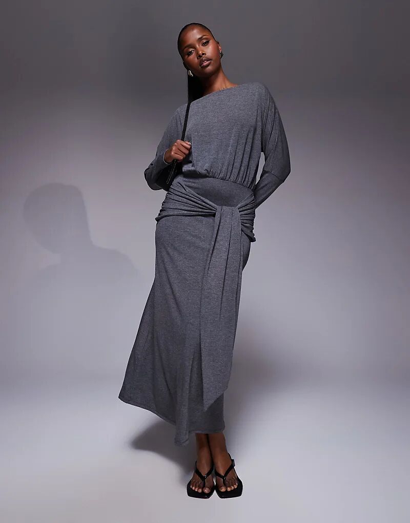 

Платье-блузон макси с длинными рукавами, разрезом на горловине и завязкой спереди ASOS DESIGN, антрацитового цвета