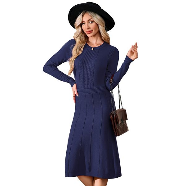 

Женское зимнее вязаное платье-свитер с кокеткой Kojooin, Navy Blue