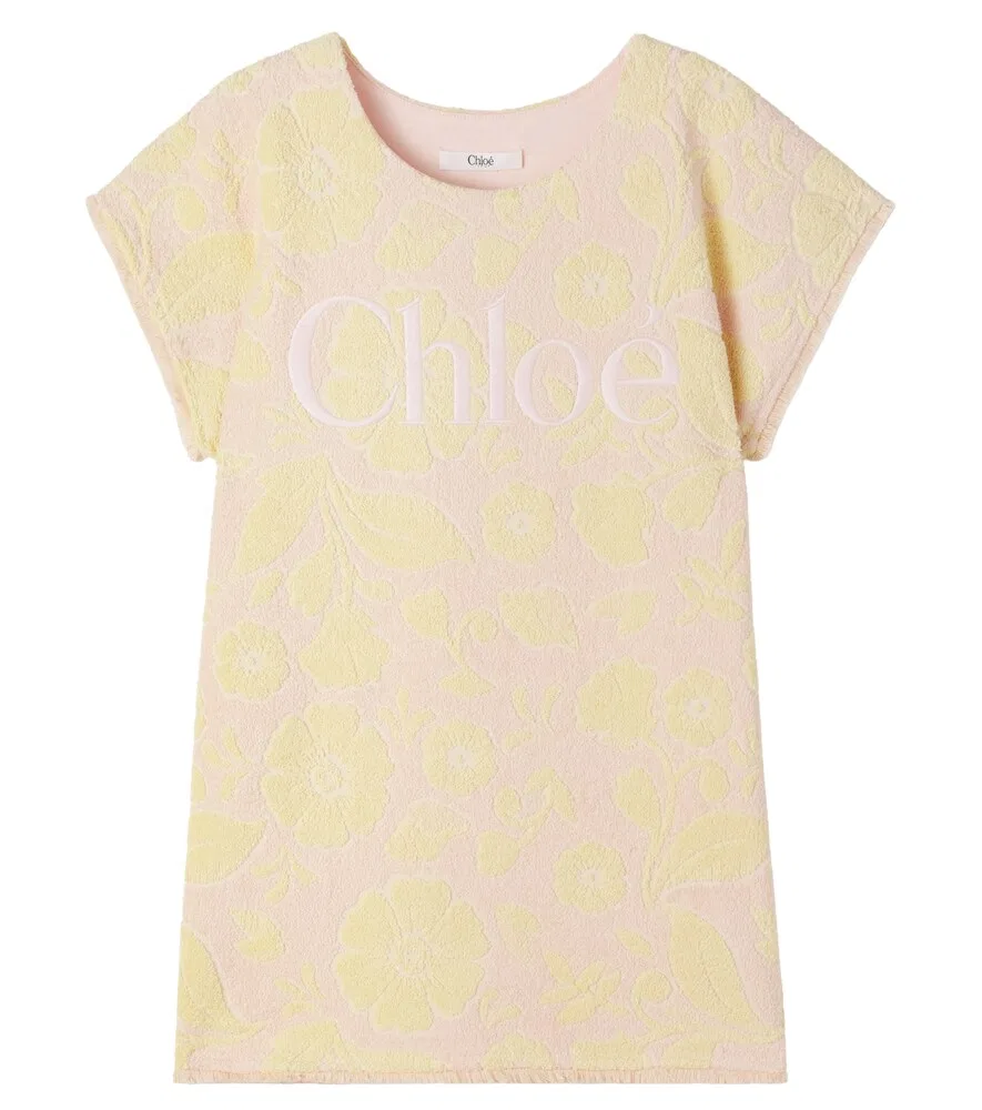 Платье из хлопковой махровой ткани с цветочным принтом и логотипом Chloé Kids, розовый