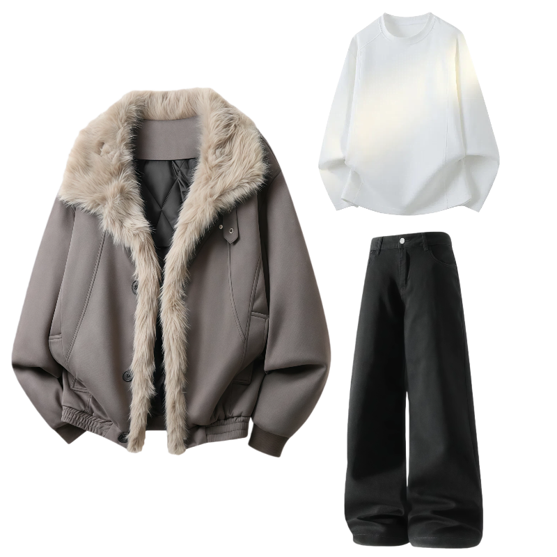 

Повседневный спортивный костюм Unisex с лацканами, утолщенный и с флисовой подкладкой X1617, серый puffer jacket+белый sweatshirt+черный fleece-lined pants