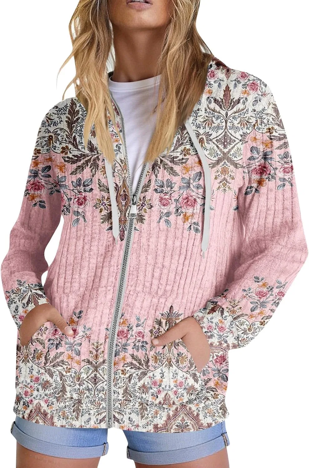 Женская кофта на молнии, хлопковая, F Pink
