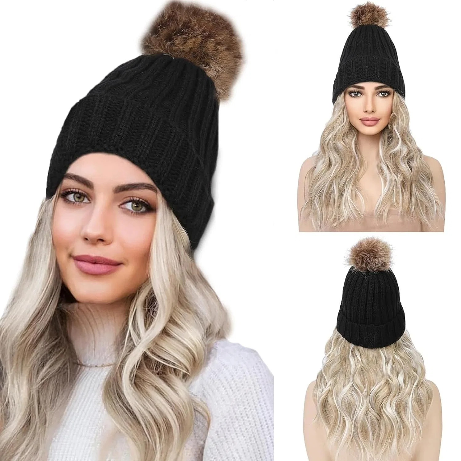 Шапка-бини с париком из волнистых волос Wuodhtw, Light Gold Mixed With White