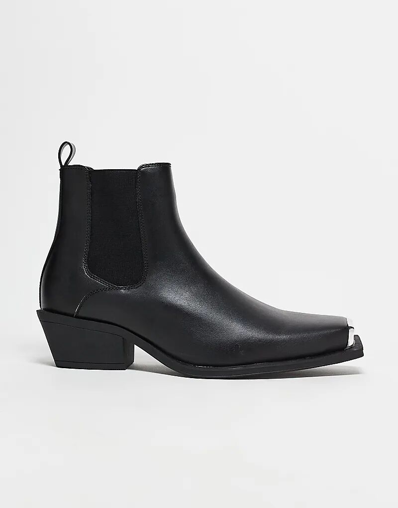 

Ботинки челси ASOS DESIGN в стиле вестерн на кубинском каблуке из черной искусственной кожи с серебристым носком, Черный, Ботинки челси ASOS DESIGN в стиле вестерн на кубинском каблуке из черной искусственной кожи с серебристым носком