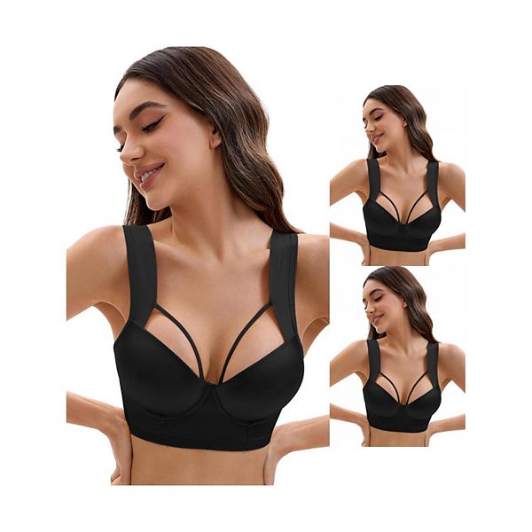 

3 упаковки женских бюстгальтеров push up с регулируемыми широкими бретелями, косточками и полным покрытием Inspire Chic, Black