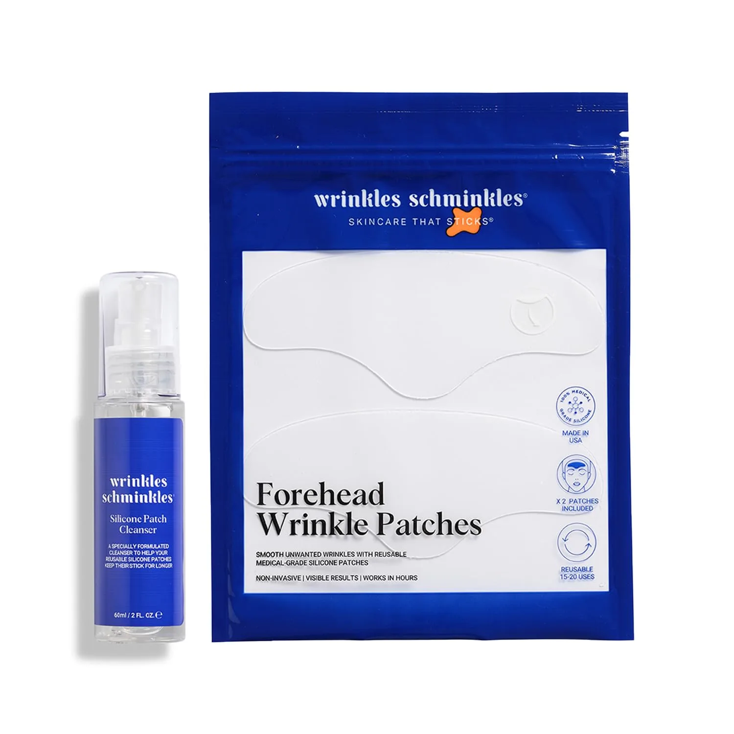 Набор силиконовых пластырей для разглаживания морщин на лбу Wrinkles Schminkles + очищающее средство для пластырей.