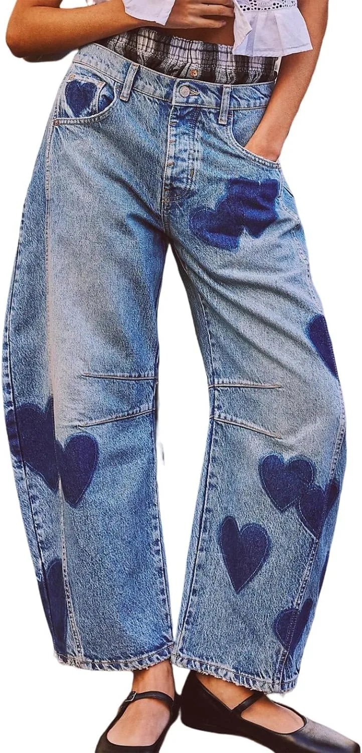 

Джинсы женские Barrel Wide Leg Mid Rise Y2k Boyfriend с цветочным принтом Eynuo