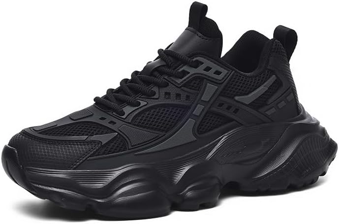 

Мужские кроссовки Chunky из сетки и кожи с шнуровкой, толстой подошвой, повседневные дышащие обувь с круглым носком, стильные модные кроссовки для повседневной носки, прогулок на улице и бега Tengfeifly, черный