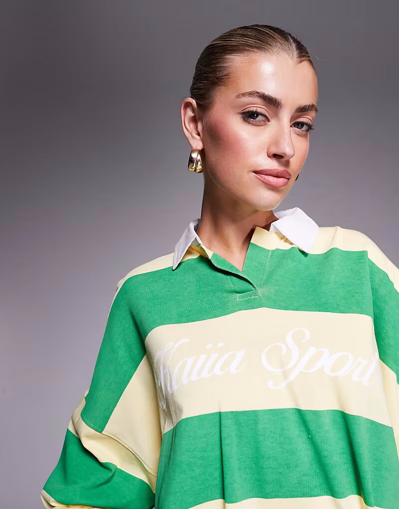 

Футболка-регби Kaiia sport oversize в зеленую и желтую полоску