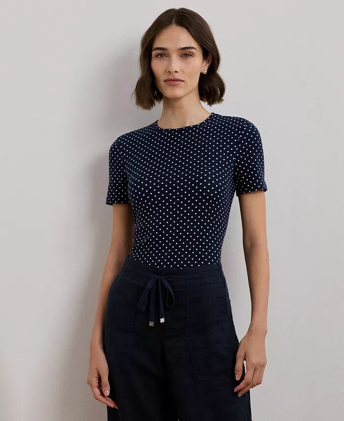

Женская футболка из эластичного хлопка в горошек с круглым вырезом Lauren Ralph Lauren, синий