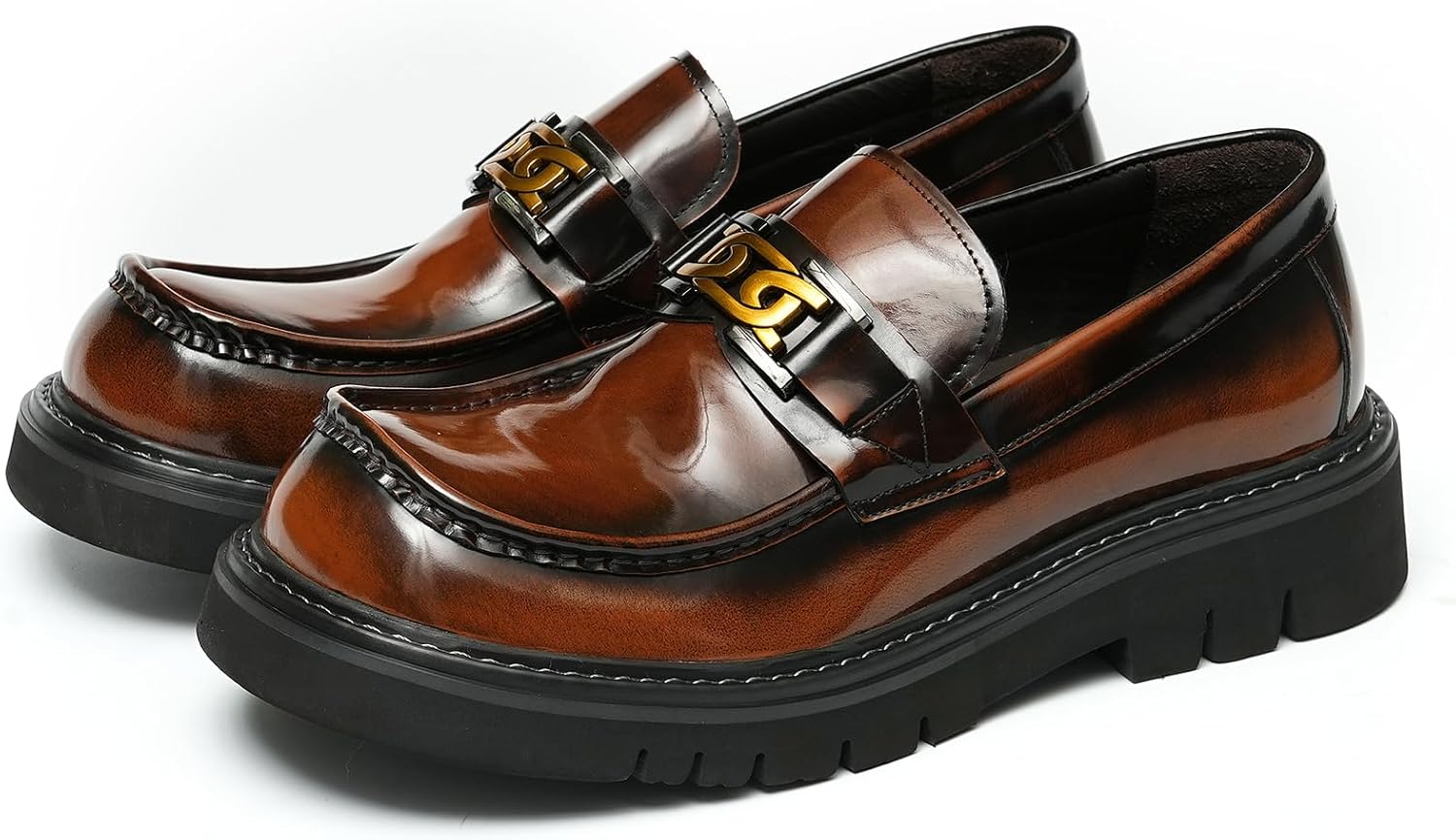 

Мужские кожаные повседневные лоферы neweyesee - лоферы с круглым носком из лакированной кожи с модным ремешком, подошва из нескользящей резины, подходят для вечеринок, вечеров, балов и свадеб, коричневый