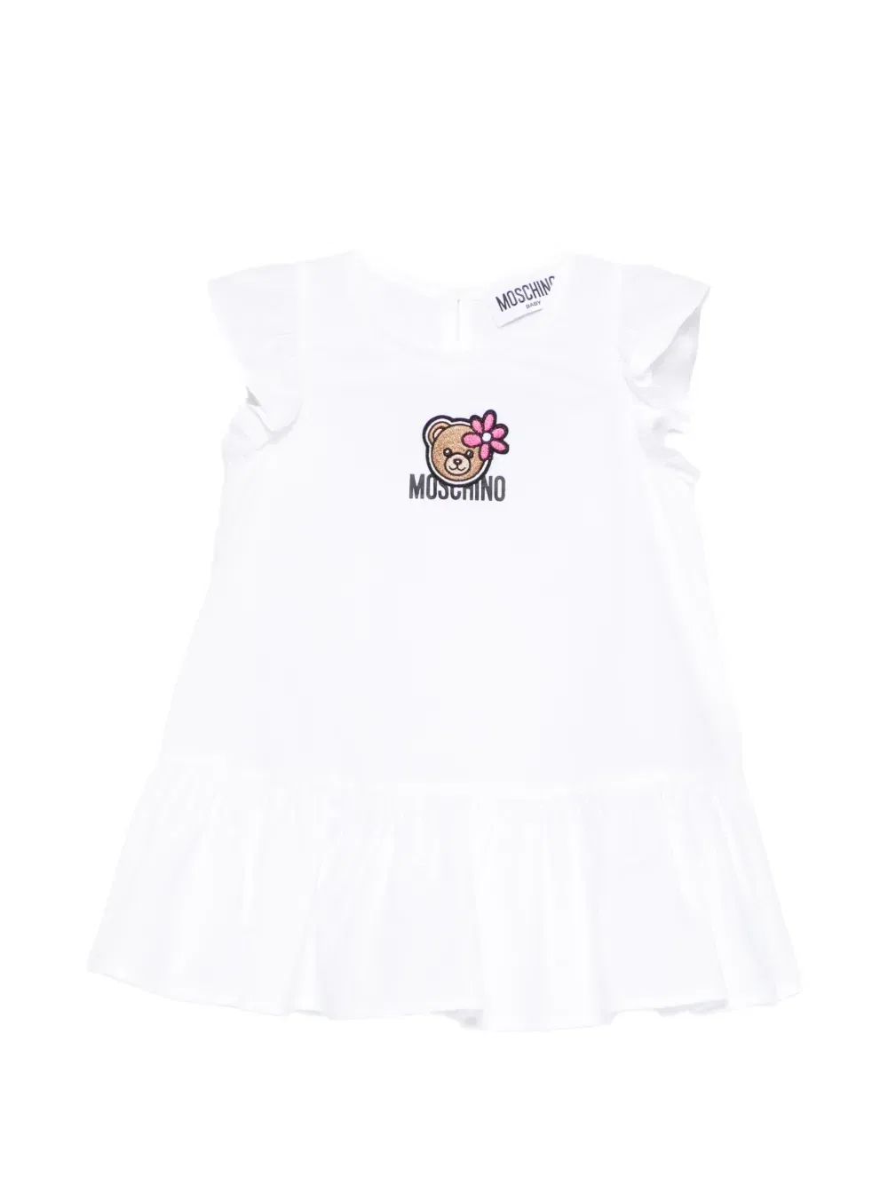 Платье с оборками и вышивкой в виде медведя Moschino Kids, белый