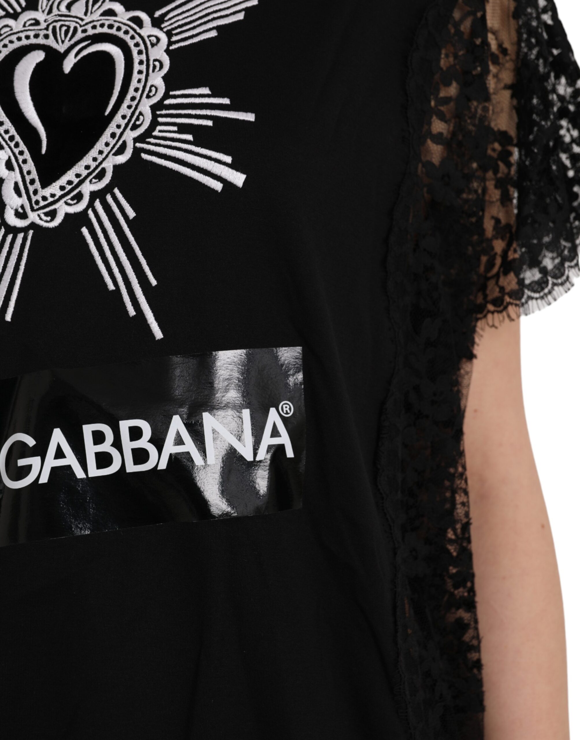 Черная футболка с принтом Sacred Heart из хлопкового кружева Dolce & Gabbana — фото 4