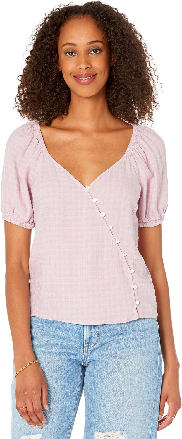 

Топ Madewell Linen-Blend Puff-Sleeve Button-Wrap Top in Plaid, цвет Sweet Lavender