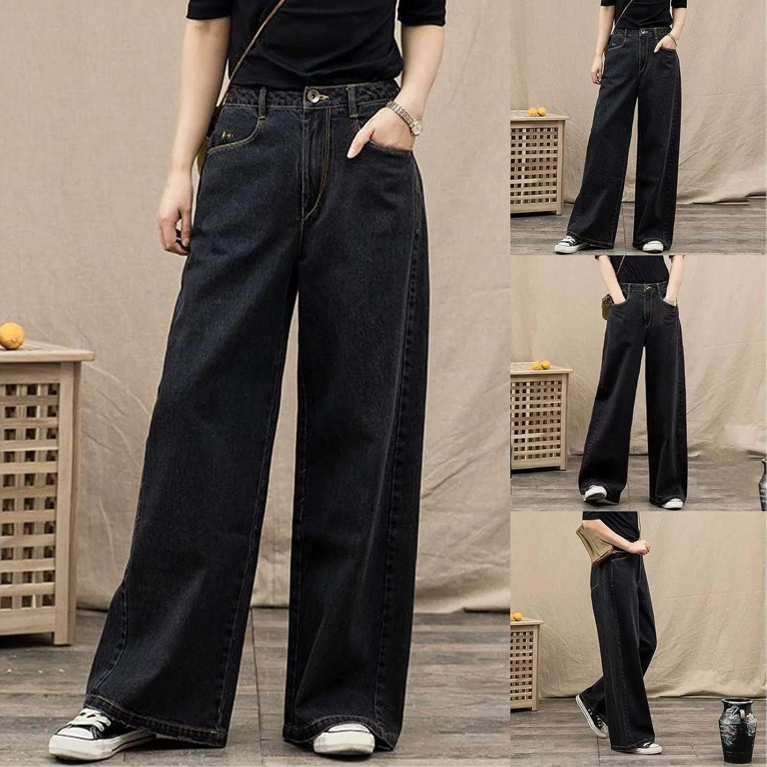 Женские флисовые джинсы Wide Leg с высокой талией, мешковатые, зимние, утепленные, повседневные, для холодной погоды Generic, черный — фото 4