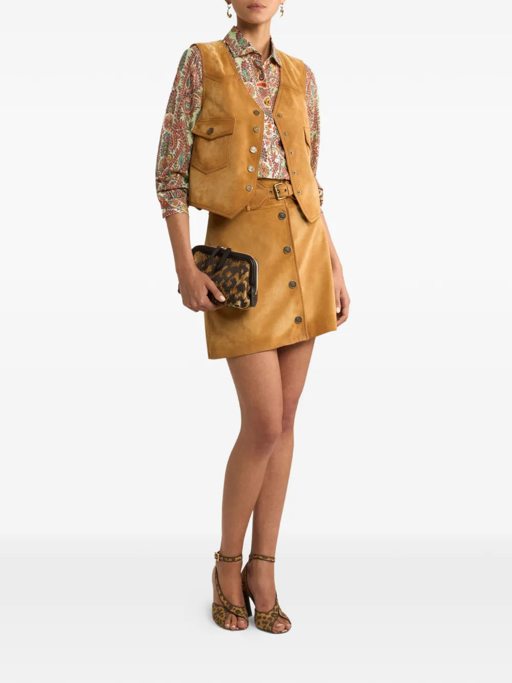 Замшевая мини-юбка с пряжкой и пуговицей Etro, коричневый — фото 2