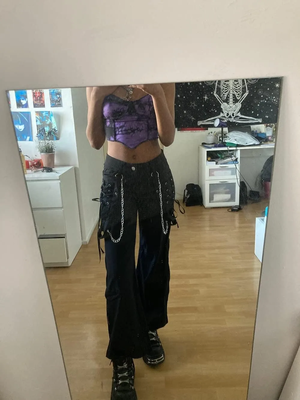 

Женские готические панк карго брюки с высокой талией и расклешенным силуэтом FEORJGP