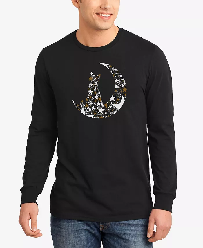 

Мужская футболка с длинным рукавом "Cat Sitting On Moon Word Art" LA Pop Art, черный