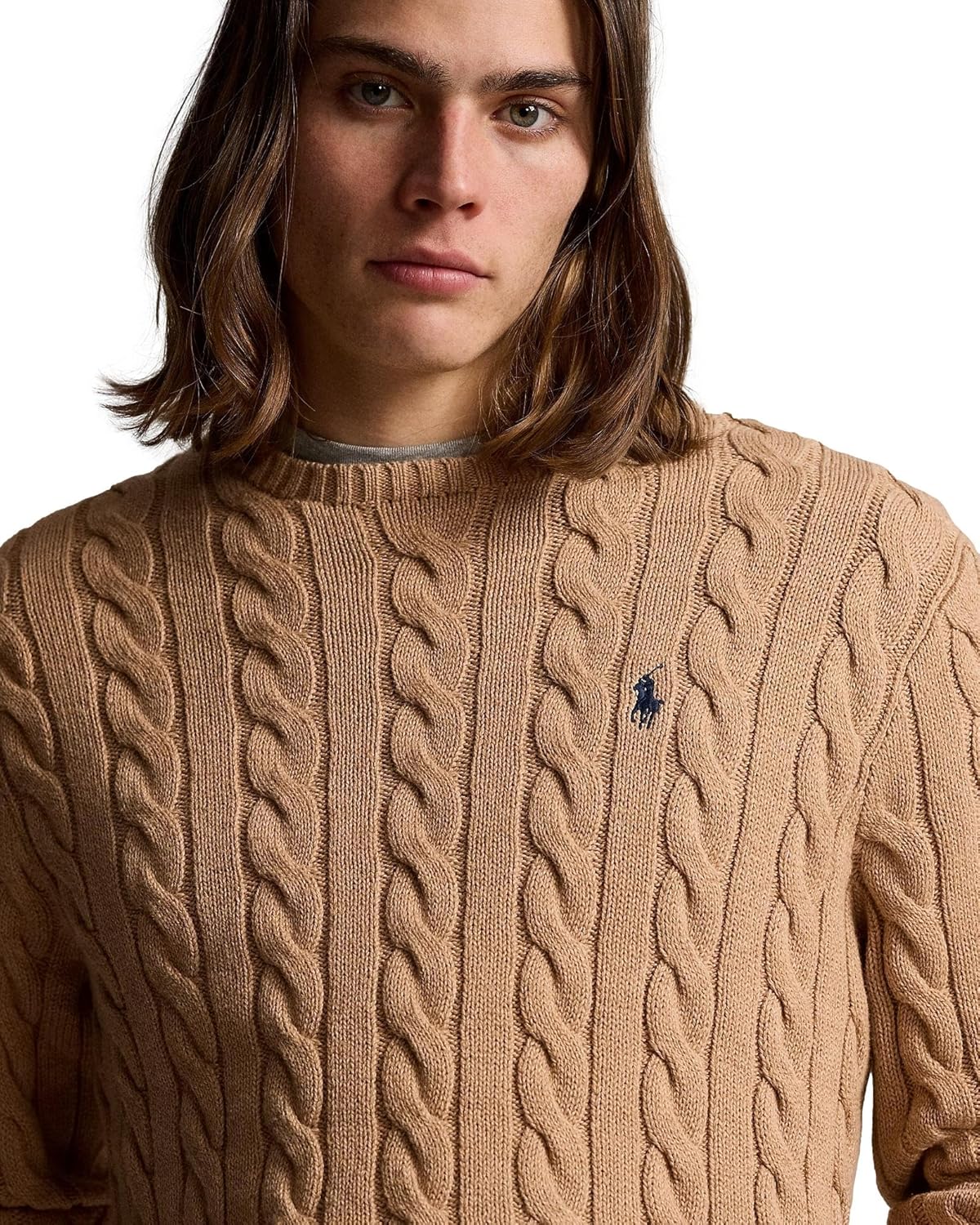 Polo Ralph Lauren мужской свитер из хлопка с косой вязкой, Ralph Lauren Camel Heather — фото 4