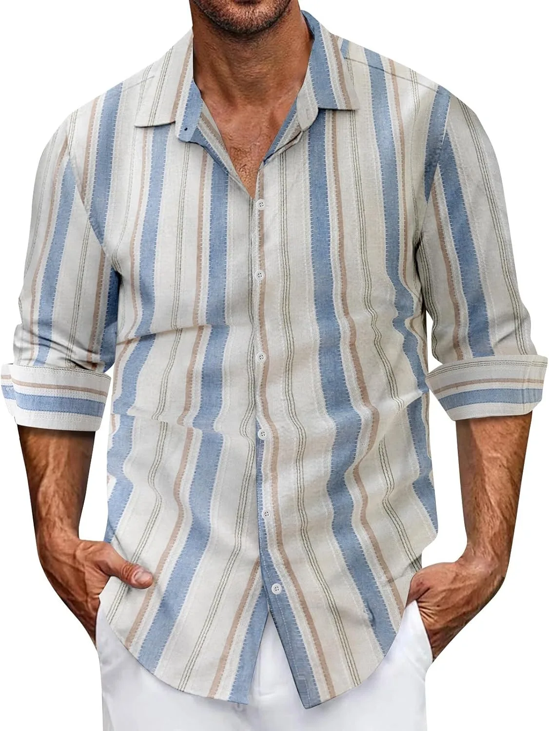 

Рубашка мужская в полоску с длинным рукавом, легкая и дышащая HJINGSUN