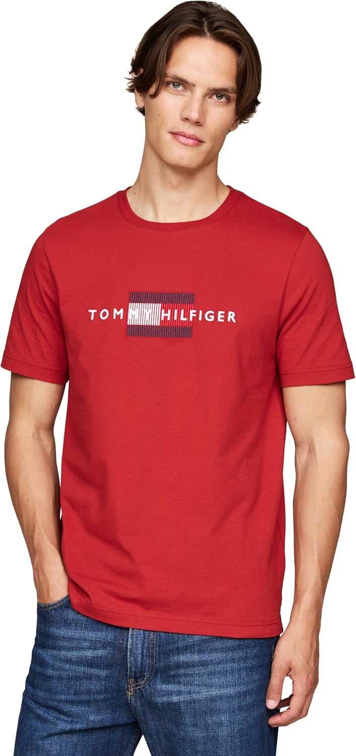 

Мужские хлопковые футболки Tommy Hilfiger с коротким рукавом и вышитым логотипом-флажком. Доступны также размеры для больших и высоких размеров., Dark Magma