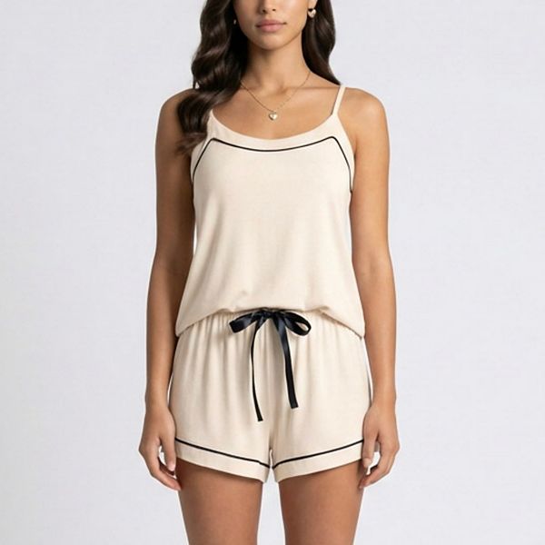 

Женский комплект пижамы: топ-ками и шорты с контрастной отделкой и регулируемым поясом Anna-Kaci, Light Beige
